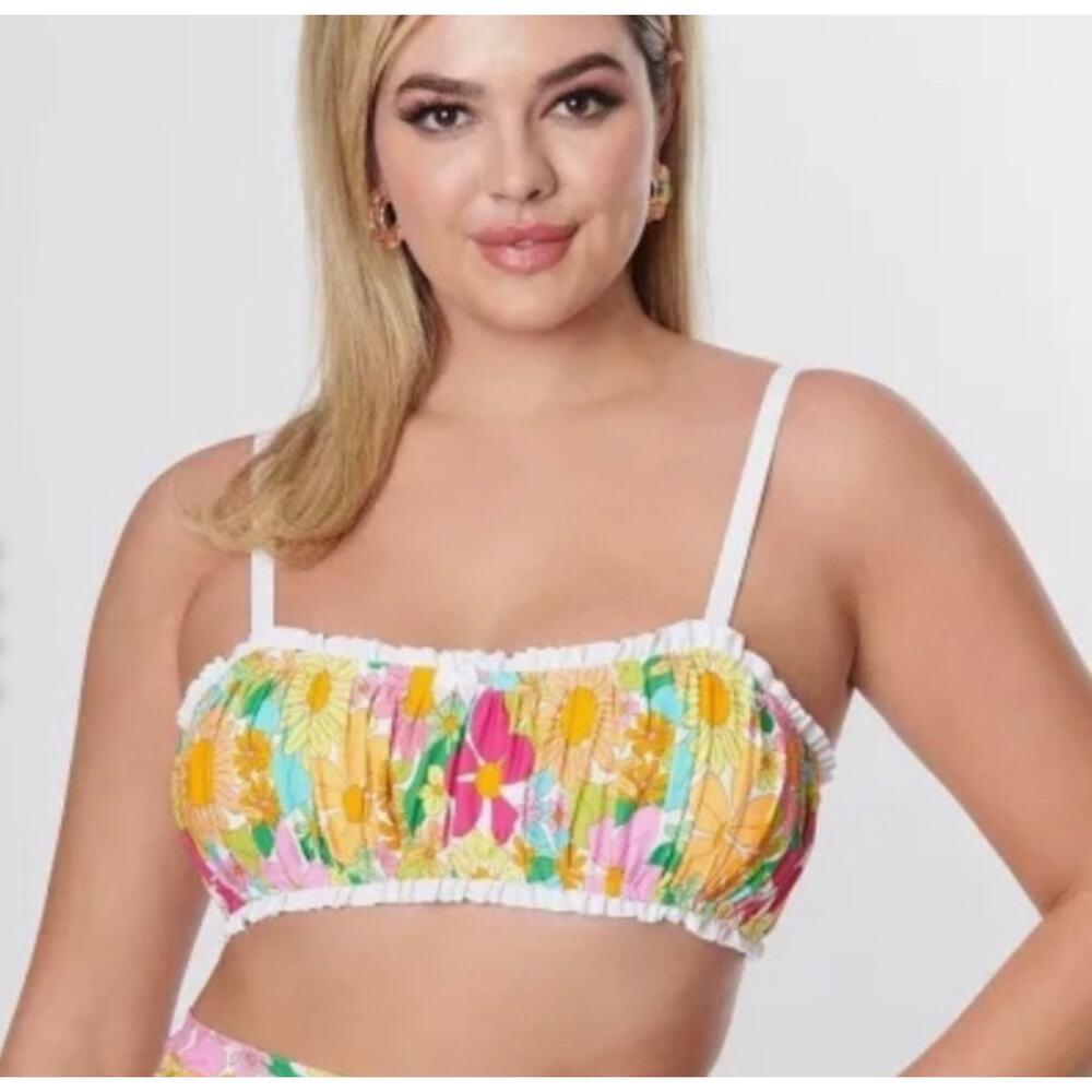 Unique Vintage 1970’s Bright Floral Ruffle Bikini Top 3X 20 NWT